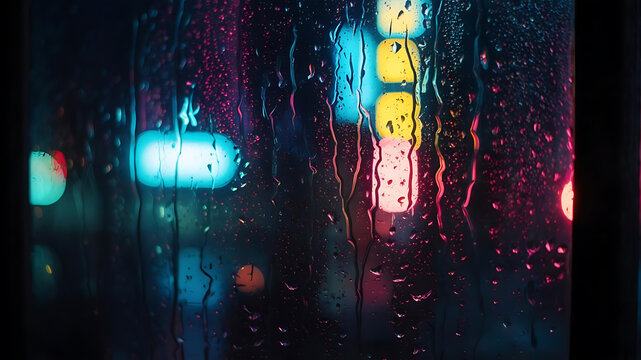 Rainy Night Cityscape Through Window - Powered by Adobe