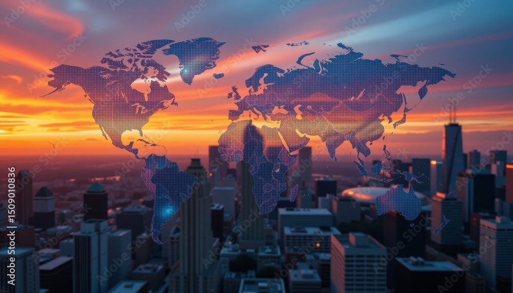 Poster dynamic sunset over pixelated world map in urban environment aerial view of global connectivity conc