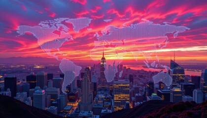 Fototapeta premium Stunning Sunset Over City Skyline with Pixelated World Map Urban Landscape Aerial View Global Connectivity Concept