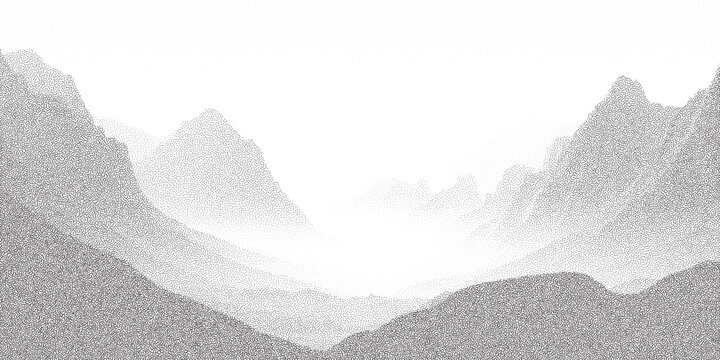 Stipple halftone illustration of layered mountain peaks with fog. Minimal grainy texture and monochrome landscape background.