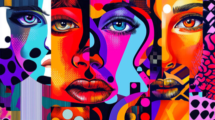 Vibrant pop art collage of female faces in bold, colorful, and geometric styles.