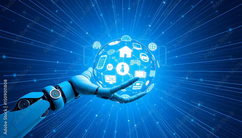 Poster robotic hand holding illuminated sphere displaying digital icons within a futuristic blue grid