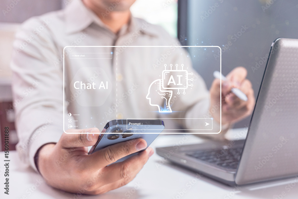 Poster a man interacts with a smartphone and laptop, using advanced chat ai technology represented by a dig