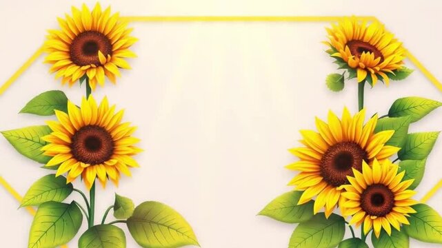 Bright and cheerful sunflowers arranged around a soft, empty space, ideal for use as a summer-themed background or floral greeting card. The light yellow tones and realistic botanical elements