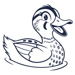 Cartoon duck swims happily in water with a big smile in a simple line