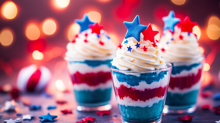 Festive patriotic desserts in glass cups. 