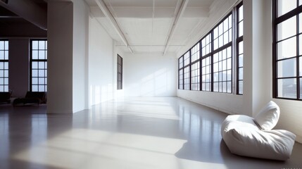 Fototapeta premium airy minimalist loft with high ceilings, industrial-style windows, minimalist furnishings, and a plain white accent wall ideal for editing