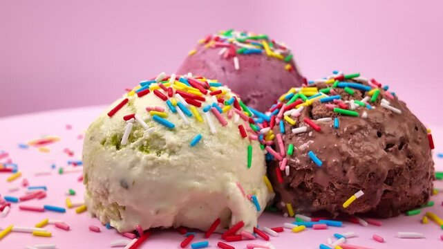 scoops of pistachio, chocolate and berry ice cream sprinkled of colorful sprinkles over pink background, rotation