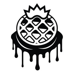 Monochrome circular cookie with crown topping and dripping sauce presents a creative food art