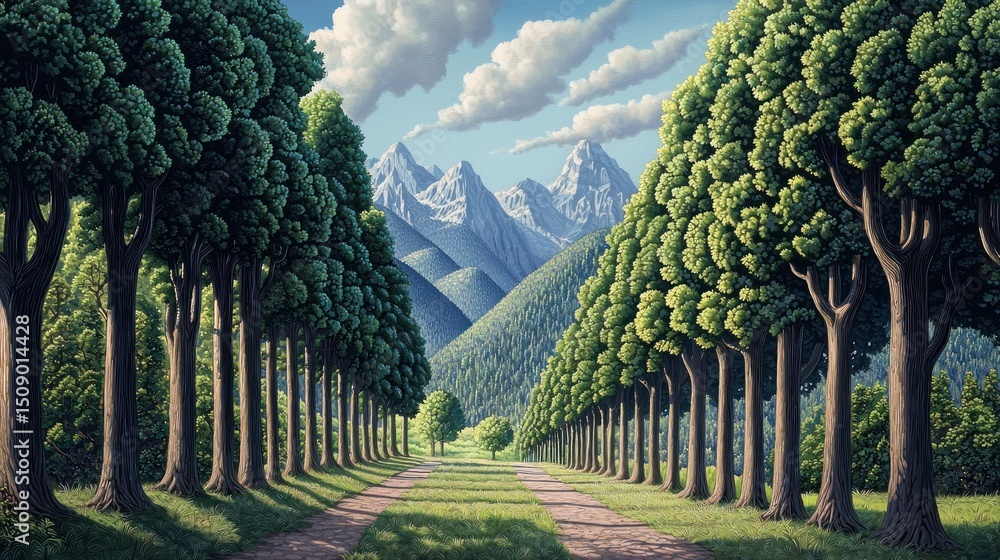 Poster A path lined with trees leads to a mountain range.