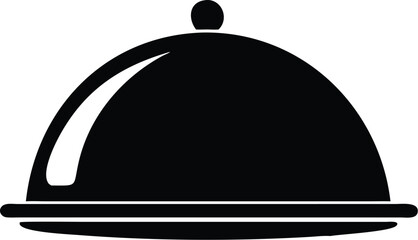 The black silhouette of a covered food tray sits elegantly on a white background