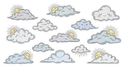 Fototapeta premium Set of whimsical hand drawn clouds (fluffy, wispy), simple sun faces, soft rays of light. Coquette vintage line art, dreamy vector doodles.