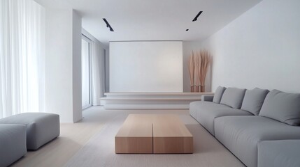 Fototapeta premium living room with clean white walls, a low-profile grey sofa, light wood coffee table, and a large blank white wall perfect for editable content