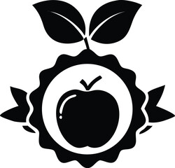 Simple icon features an apple within a scalloped circle topped with leaves and ribbon on white