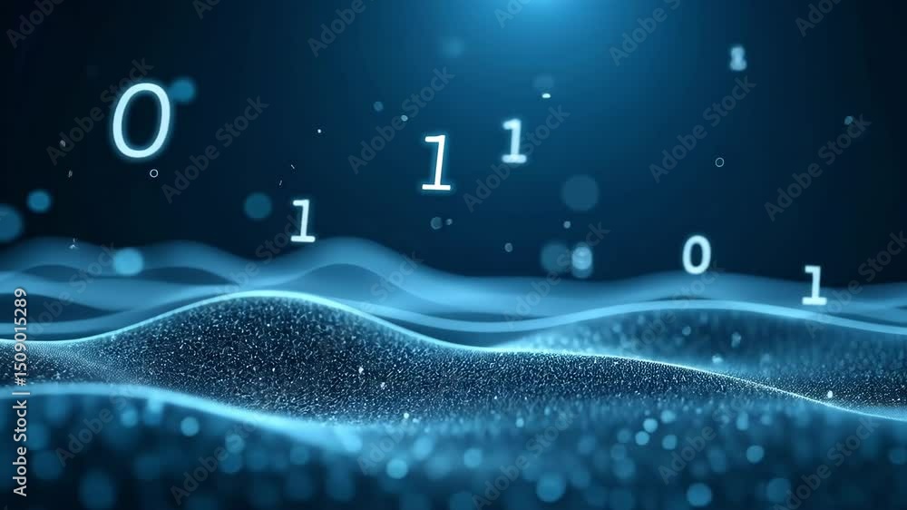 Poster abstract digital background with floating binary code and flowing waves in blue tones
