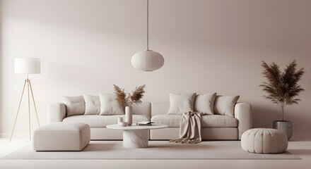 Minimalist living room with a neutraltoned sofa lamp and ottoman on a light rug under a round pendant light