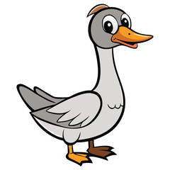Adorable grey cartoon goose features an orange beak and feet standing upright