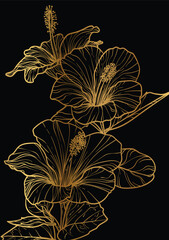 Hibiscus luxurious bouquet vector hand drawn illustration. Art print with elegant golden flower on a black background. Highly detailed and high quality graphic asset for online and print. 