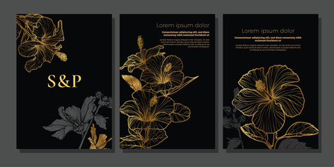 Luxury black and gold wedding A4 vector card and invitation templates. Hand drawn hibiscus flowers decorating these elegant print and online graphic assets © Muza