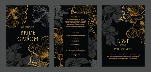 Beautiful golden wedding invitations. Modern and luxurious A4 vector format design with highly detailed flowers for print and web. Hand drawn hibiscus illustrations on black and gold design 