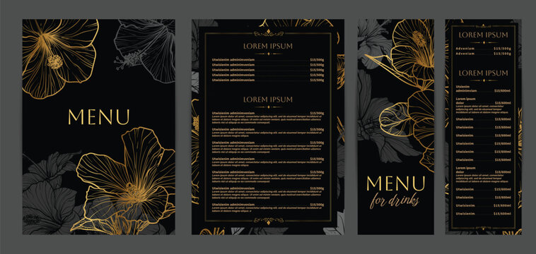 Luxurious food and drinks menu designs. Restaurant menu template. Elegant vector A4 format with high quality flowers for print and online usage. Golden hand drawn line art hibiscus illustrations.