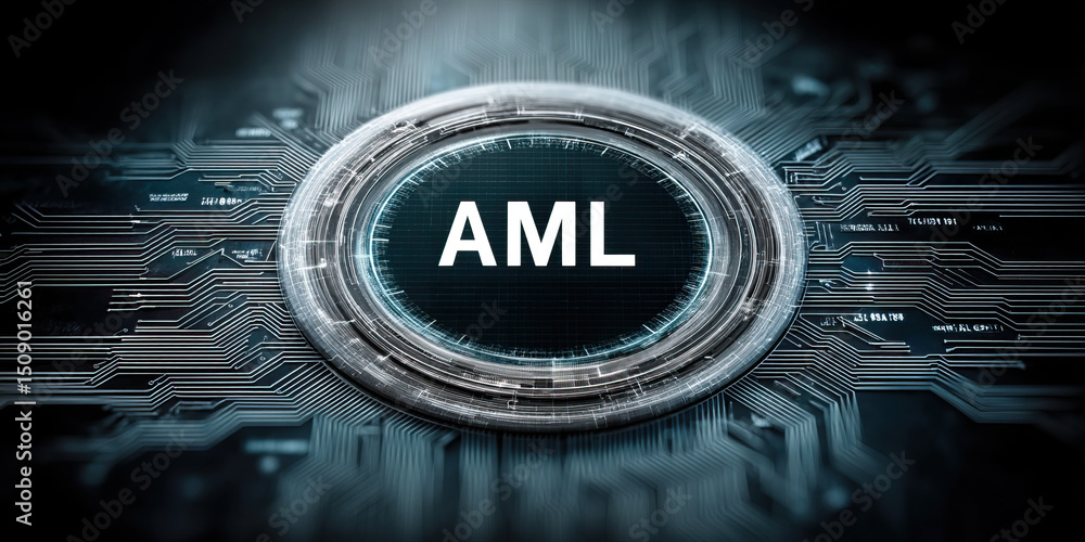 Poster anti money laundering concept with aml text on futuristic digital circuit background showing technol