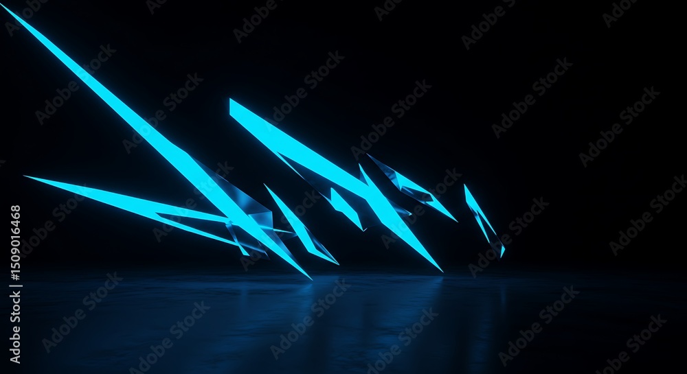Poster glowing abstract sharp shapes on a dark reflective surface
