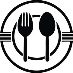 Black fork and spoon icon displayed on the plate with transparent background