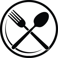 Crossed fork and spoon inside plate depicts monochrome dining symbol with transparent background