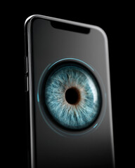 Close up of smartphone with realistic blue eye on screen, symbolizing biometric retina scanning technology and futuristic security features