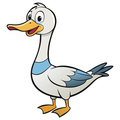 Animated cartoon duck with white and blue feathers is happily smiling on white