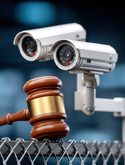 Security camera and wooden gavel symbolize privacy law and violation protection in surveillance systems