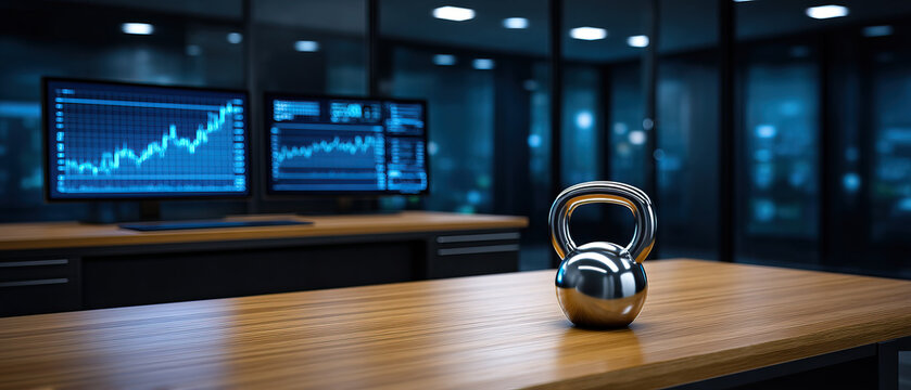 Financial strength concept with metal kettlebell on wooden desk and stock market charts on computer screens in office