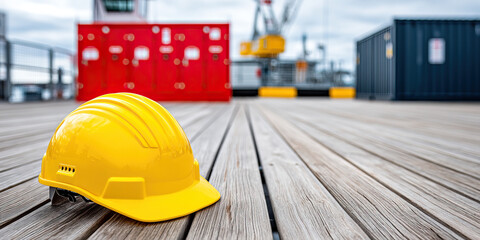 Yellow hardhat on wooden floor with red fire safety cabinet and industrial containers in background