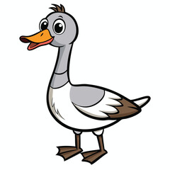A grey cartoon goose is standing and looking ahead in a funny style