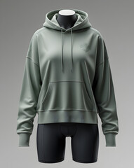 3D dummy mockup of women’s oversized hoodie in sage green and matte black cycling shorts. Minimal seams, tonal detailing, and studio gradient backdrop for cozy aesthetic.