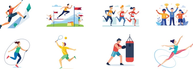 Performing various sports and athletic activities concept flat vector illustration set
