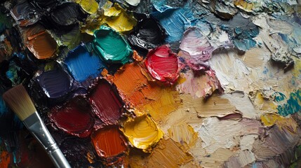 A hyper-realistic palette filled with rich, textured oil paints in multiple colors.