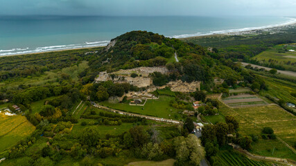 Aerial view of the archaeological excavations of Cuma, in the province of Naples, Campania, Italy....