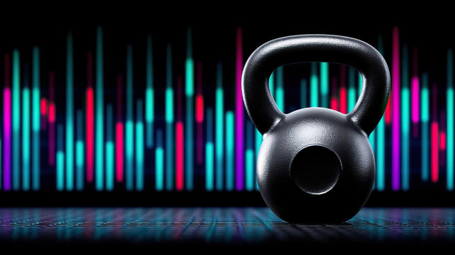 Black kettlebell with colorful financial chart background symbolizing strength and financial growth