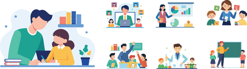 Student and teacher concept vector illustration set. Teaching, class presentation, online class and many flat vector