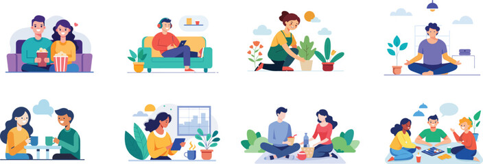 Set of people doing activities on their free time. Flat vector illustration of watching movie, drinking coffee, gardening and others