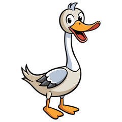 Cartoon goose with orange beak happily stands on white background, looking cheerful