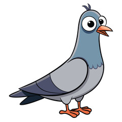 A comical pigeon stands alert with big eyes and a slightly open beak