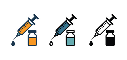 Vaccine Syringe and Vial Icons in Three Color Variations
