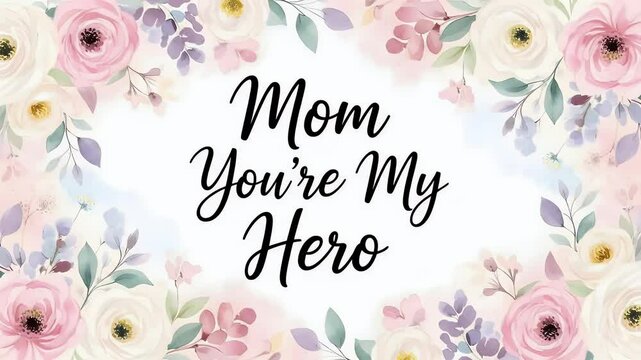 Handwritten Mom You're My Hero text with vibrant watercolor floral background animation

