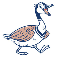 Cartoon goose is gleefully walking and looks happy, its mouth is open on a white background