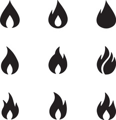 Fototapeta premium Minimal Fire Icons Set | 9 Black Flame Silhouettes Clipart