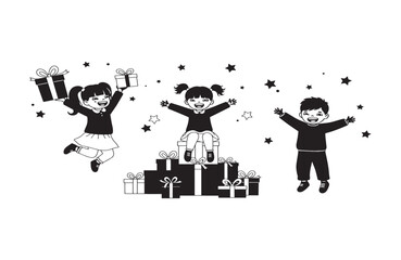 Joyful Children Celebrating with Gifts Black and White Illustration