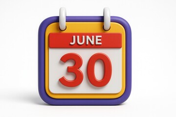 3D Rendered Calendar Icon Showing June 30th on White Background for Schedules and Deadlines